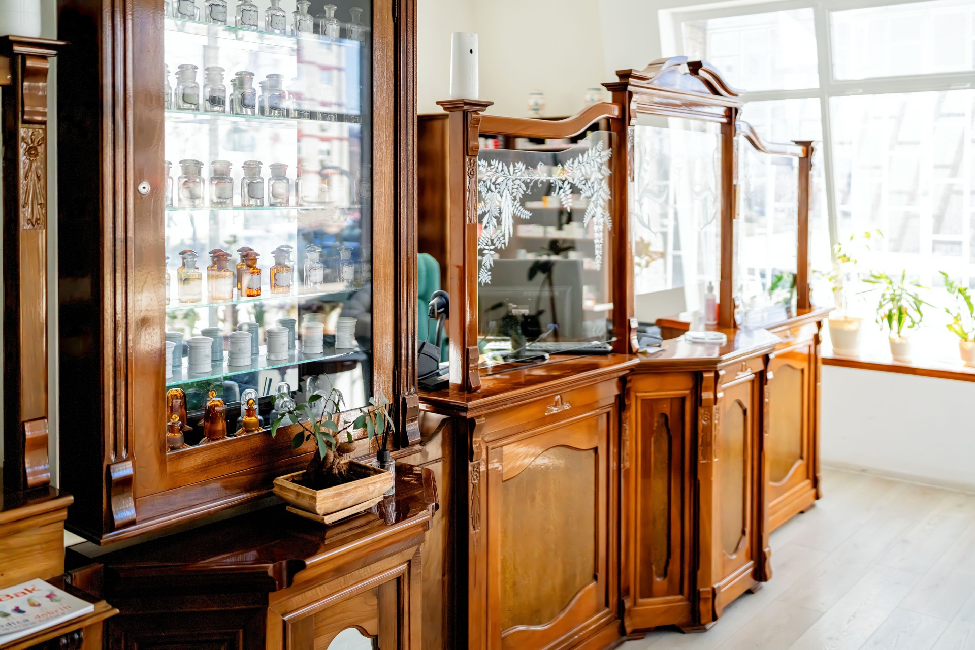 Elegant Wooden Display Cabinets in a Vintage Setting